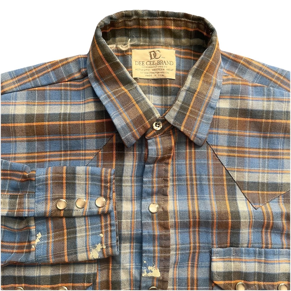 vintage Dee Cee Shirt Men's M blue Button Up Orange plaid western pearl snap